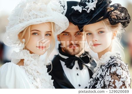 Family portrait featuring futuristic AI-generated clothing inspired by Victorian-era fashion, blending traditional and modern styles 129020089