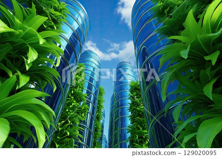 Futuristic eco-city featuring turquoise glass buildings surrounded by lush vertical gardens under a bright blue sky 129020095