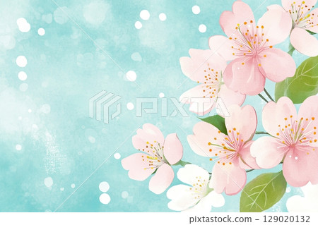 Delicate cherry blossoms in pastel pink and mint green tones against a soft, blurred sky-blue background evoke a serene and tranquil atmosphere in springtime 129020132