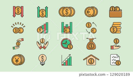 Set icon vector various money and currency finance icons suitable for financial blogs, investment websites, banking apps, and educational materials. Set icon vector various money and currency finance icons suitable for financial blogs, investment websites, banking apps, and educational materials. 129020189
