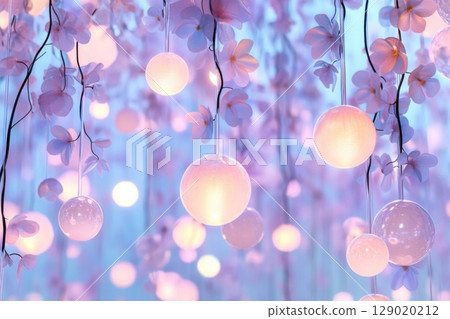 Immersive digital art installation featuring glowing orbs and holographic flowers in a vibrant setting 129020212