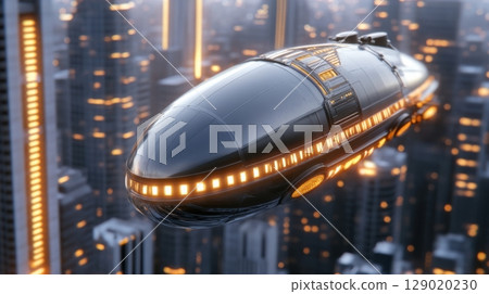 Steampunk-inspired airship gliding over a futuristic city with glowing skyscrapers and vintage rooftops at dusk Steampunk-inspired airship gliding over a futuristic city with glowing skyscrapers and vintage rooftops at dusk 129020230