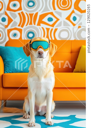 Dog wearing a cyberpunk visor sits in a retro 1970s room with colorful decor and unique wallpaper 129020265