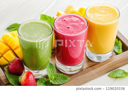 Vibrant trio of fresh smoothies in tall glasses on a wooden tray showcasing strawberry, mint, and mango flavors with decorative fruit slices 129020336