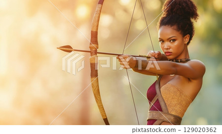 Female archer in fantasy attire aims her bow in a misty forest with earthy tones during golden hour lighting 129020362