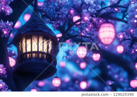 Enchanting treehouse illuminated by warm neon lights amidst oversized blossoms and whimsical creatures in a fantastical setting 129020390