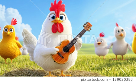 Chicken plays guitar on hay bale while farm animals dance joyfully at a lively barnyard concert 129020393