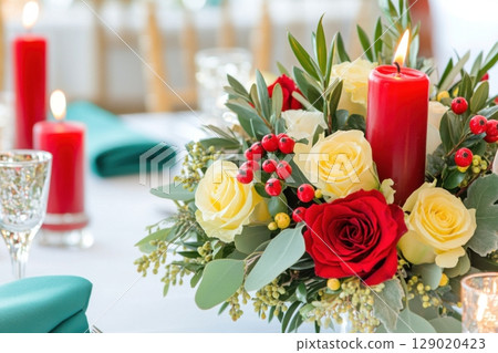 Festive holiday table setting with red candles, green napkins, and a colorful floral centerpiece for a joyful gathering 129020423