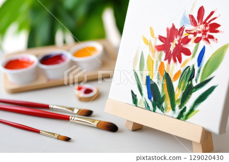 Creative workspace featuring red paintbrushes and vibrant art materials ready for an inspiring painting session 129020430