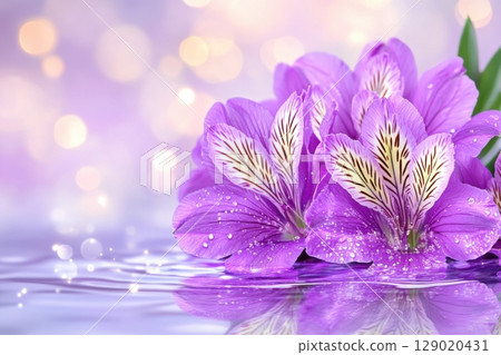 Delicate purple Alstroemeria petals floating in serene water with dreamy bokeh background reflecting soft light Delicate purple Alstroemeria petals floating in serene water with dreamy bokeh background reflecting soft light 129020431