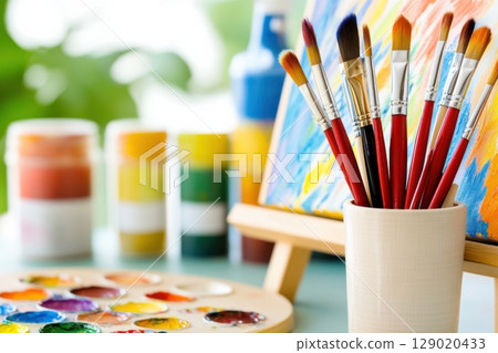 Creative artist workspace with red paintbrushes, beige palettes, and a brown easel featuring a colorful canvas in progress 129020433