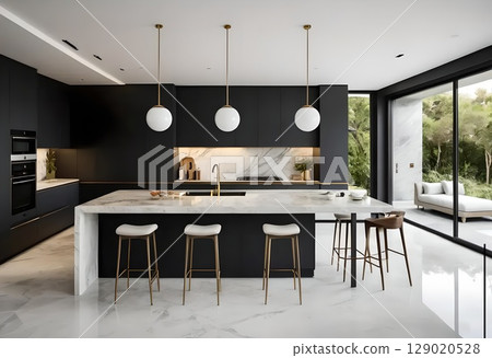 Luxurious Black & White Modern Kitchen with Marble Island Luxurious Black & White Modern Kitchen with Marble Island 129020528
