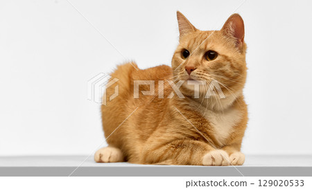 Ginger cat laying down with calm expression 129020533