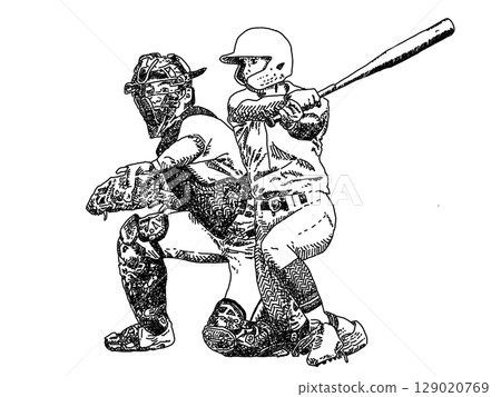 Pen drawing illustration of high school baseball batter and catcher 129020769