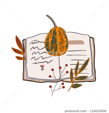 Fall Aesthetic Composition with open book, Pumpkin, and leaves. Vector Autumn illustration 129020806