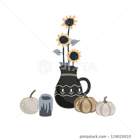 Fall Aesthetic Composition with Pumpkins, candle and sunflowers in a ceramic jug. Vector Autumn illustration 129020810