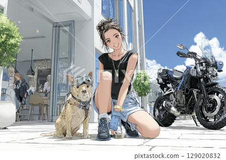 Illustration material of a female rider touring with her dog Illustration material of a female rider touring with her dog 129020832