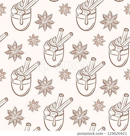 Seamless pattern with cinnamon stick star anise and coffee cup topped with cream and spice drawn in line art style. Perfect for sweet packaging, bakery print and spice themed background. Seamless pattern with cinnamon stick star anise and coffee cup topped with cream and spice drawn in line art style. Perfect for sweet packaging, bakery print and spice themed background. 129020921