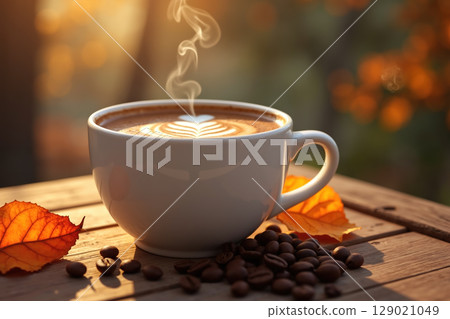 Steaming cup of coffee on a wooden table. 129021049