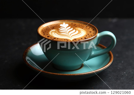 Coffee in a teal cup with a saucer, on a dark surface. 129021060