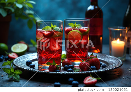 Two glasses of strawberry drink with mint and lime. 129021061