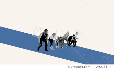 Collage of business team in starting positions on blue track racing for success 129021108