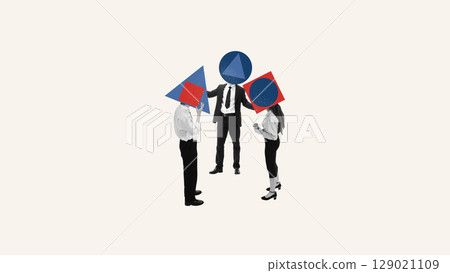 Surreal collage of business people with geometric shapes for heads discussing together Surreal collage of business people with geometric shapes for heads discussing together 129021109