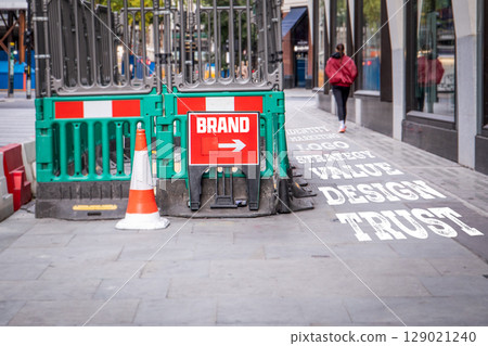 Brand Strategy and Identity Concept Illustrated with Urban Signage and Marketing Keywords on Brand Strategy and Identity Concept Illustrated with Urban Signage and Marketing Keywords on 129021240