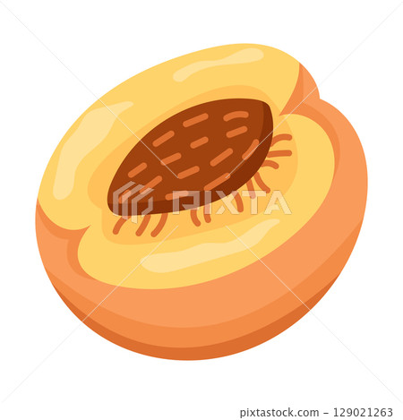 This is an artistic illustration showcasing a beautifully sliced peach, complete with its seed 129021263