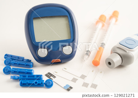 Digital glucometer blood sugar measurement for diabetes. Digital glucometer blood sugar measurement for diabetes. 129021271