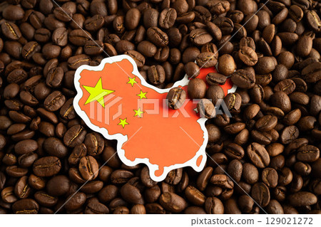 China flag on coffee beans, shopping online for export or import food product. China flag on coffee beans, shopping online for export or import food product. 129021272