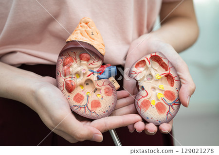 Chronic kidney disease, Asian woman with model for treatment urinary system, urology, Estimated glomerular filtration rate eGFR. 129021278