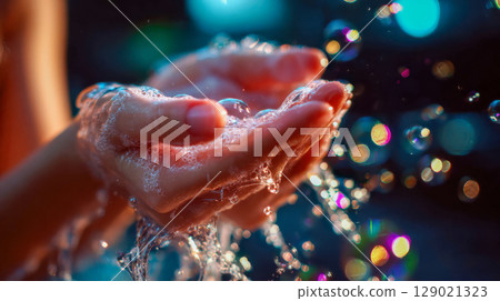 Hands lathered in soap bubbles under running water, emphasizing hygiene and cleanliness 129021323