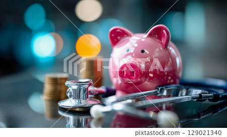 Pink piggy bank with stethoscope and stacked coins, representing healthcare savings or medical insurance finance 129021340