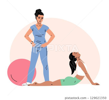 Young woman exercises under supervision of physiotherapist 129021350