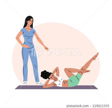 Young woman exercises under supervision of physiotherapist Young woman exercises under supervision of physiotherapist 129021355