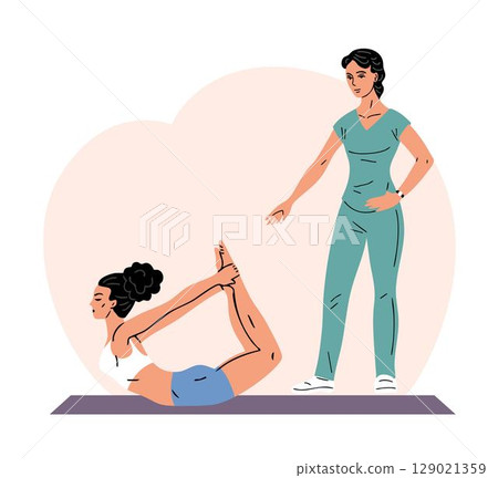 Young woman exercises under supervision of physiotherapist 129021359