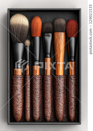 Perfect for beauty product launches. High-quality set of makeup brushes on a white background. 129021535