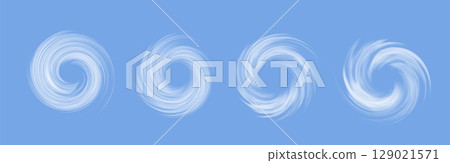 Air whit vortex vector set effect isolated on blue background. Circle wind flow swirl. 129021571