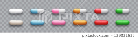 3d pill set white,red, blue, yellow, green and beige tablet isolated on transparent background. Realistic vector medicament illustration 3d pill set white,red, blue, yellow, green and beige tablet isolated on transparent background. Realistic vector medicament illustration 129021633