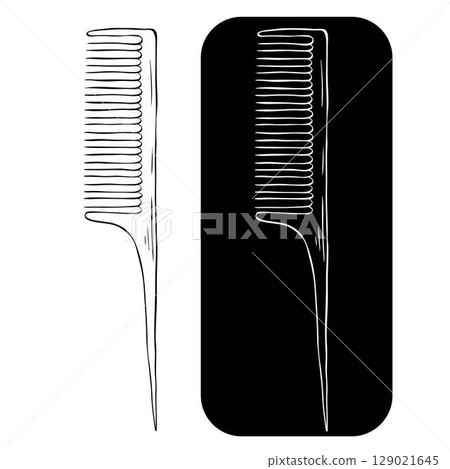 Dresser comb for hair Isolated logo. Vector graphic line ink illustration. background for banners, print for fabric, labels, t-shirt printing. Design for package, cosmetic, textile, cards. Dresser comb for hair Isolated logo. Vector graphic line ink illustration. background for banners, print for fabric, labels, t-shirt printing. Design for package, cosmetic, textile, cards. 129021645