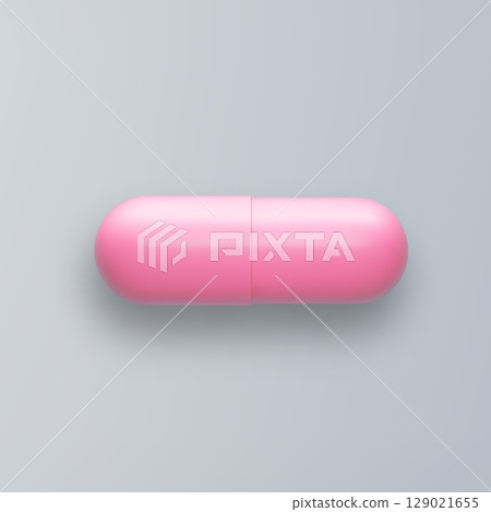 3d pill pink tablet isolated on gray background. Realistic vector medicament illustration 129021655