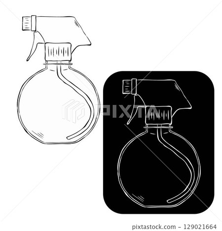 Spray bottle black and white Isolated logo. Vector graphic line ink illustration. flat vector icon design. Spray bottle symbol and clip art design Design for package, cosmetic, textile, cards. 129021664