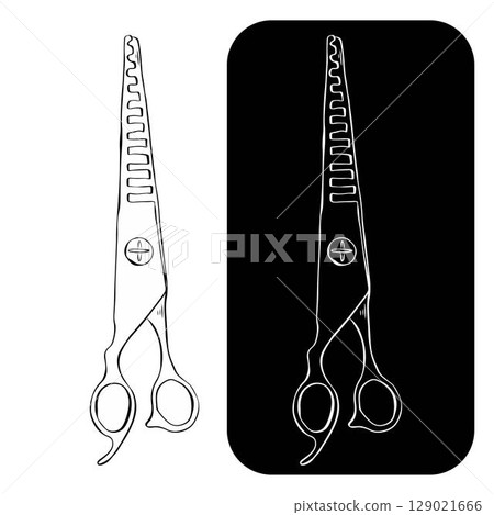 Vintage barber shop scissors Isolated logo. Vector graphic line ink illustration. Illustration for beauty salon, cosmetic store, makeup design. For logo, web, package, sticker. Vintage barber shop scissors Isolated logo. Vector graphic line ink illustration. Illustration for beauty salon, cosmetic store, makeup design. For logo, web, package, sticker. 129021666