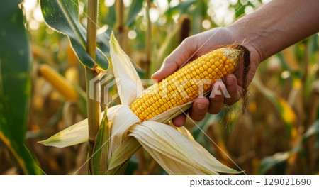 Hand holding freshly harvested ear of corn in a field. Agriculture, harvest, farming, and natural food. 129021690