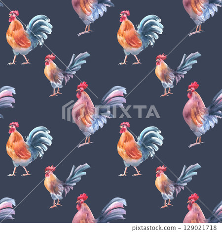 Farmhouse rooster repeat pattern in watercolor brushstrokes isolated on dark. Vibrant cockerel artwork hand drawn on repeat background for textile, rustic wrapping paper, and kitchen fabric prints. Farmhouse rooster repeat pattern in watercolor brushstrokes isolated on dark. Vibrant cockerel artwork hand drawn on repeat background for textile, rustic wrapping paper, and kitchen fabric prints. 129021718