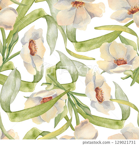 Soft white wild garden anemones and gentle greenery stems hand painted. Watercolor floral seamless pattern in white green. Flowers bouquet of peonies and leaves pastel colors background isolated. Soft white wild garden anemones and gentle greenery stems hand painted. Watercolor floral seamless pattern in white green. Flowers bouquet of peonies and leaves pastel colors background isolated. 129021731