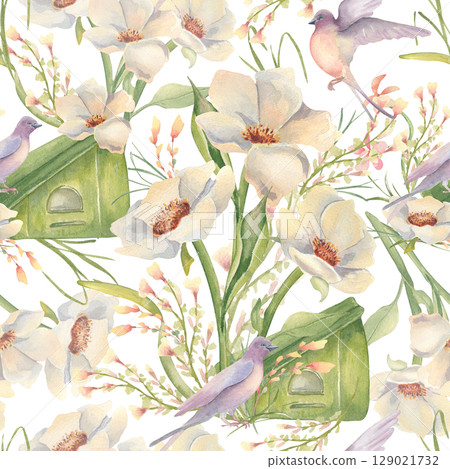 Watercolor seamless pattern in pastel colors with creamy peonies, birdhouse and swallow isolated. Delicate floral garden of bird and white flowers hand drawn. Repeat botanical avian background. Watercolor seamless pattern in pastel colors with creamy peonies, birdhouse and swallow isolated. Delicate floral garden of bird and white flowers hand drawn. Repeat botanical avian background. 129021732