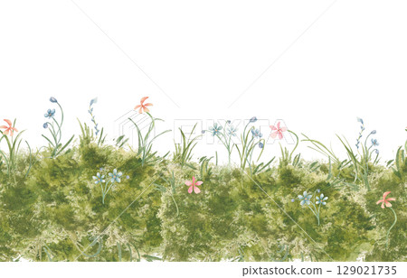 Endless Meadow Grass and small wildflowers watercolor isolated. Spring green seamless border with pink and blue flowers. Botanical repeated glade edge for textile, design farm packaging. 129021735