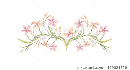 Spring floral horizontal watercolor element with pastel pink wildflowers and green stems isolated on white. Phlox or oxalis flowers in cottagecore style hand painted for seasonal design, wedding 129021736